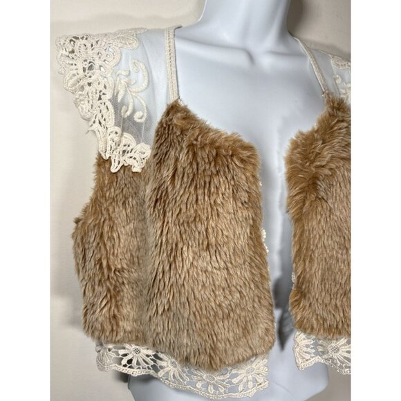 MYSTREE Faux Fur Lace Vest Shrug Brown Cream Boho Hippie Festival Size Small - Picture 2 of 6